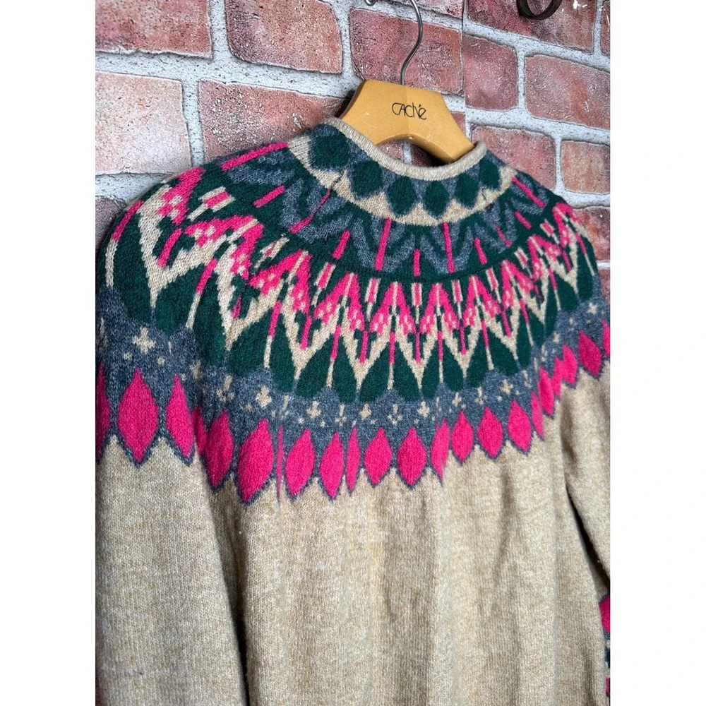 Vince‎ Camuto Womens Fair Isle Sweater Pink Green Oatmeal Knit Pullover Size M